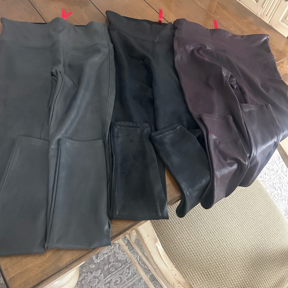 BUNDLE OF SPANX Stylish Faux Leather Leggings in Black and Gray and berry